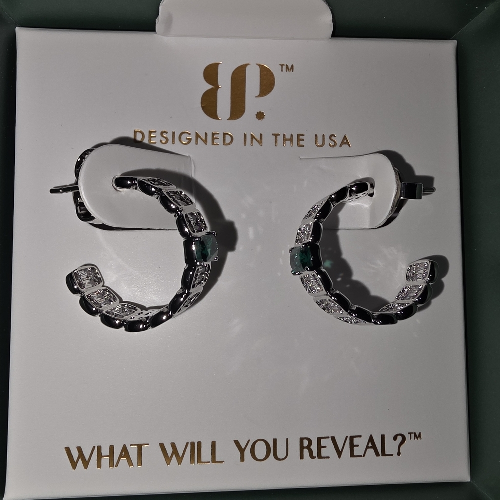 bp Rhodium. Silver-Tone Hoop Earrings with Green Accents
